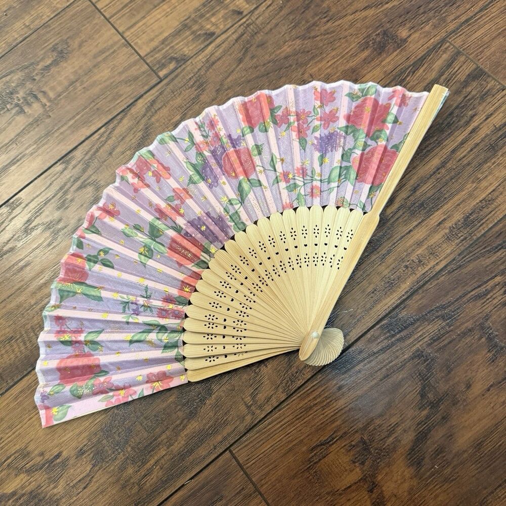 Vintage Folding Bamboo Chinese Hand Fan Flowers, 8.5 in fan, pink, W2